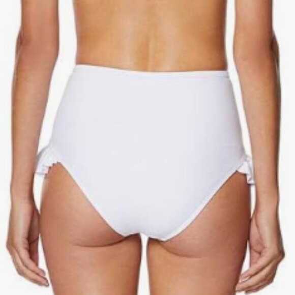 Avec Les Filles High Waist Ruffle Pant W/Mesh Panels Bikini Bottoms, White, S - Picture 2 of 12